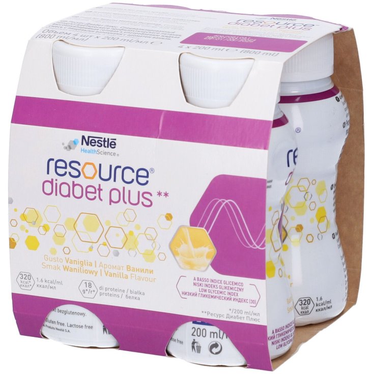 Nestlé Health Science Resource Diabet Vanille Boisson diététique riche en protéines avec 100 % de fibres solubles 4 x 200 ml