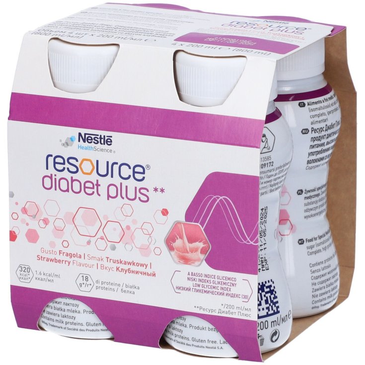 Nestlé Health Science Resource Diabet Plus Fraise Boisson à faible indice glycémique avec 100 % de fibres solubles 4 x 200 ml