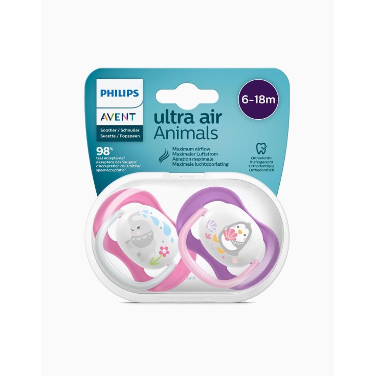 Ultra Air Animals Philips Avent 6-18m 2 Sucettes Fantaisie Rose