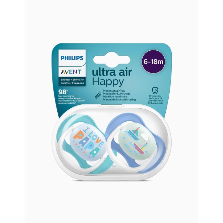 Ultra Air Happy Philips Avent 6-18M 2 Sucettes Fantaisie Bleu