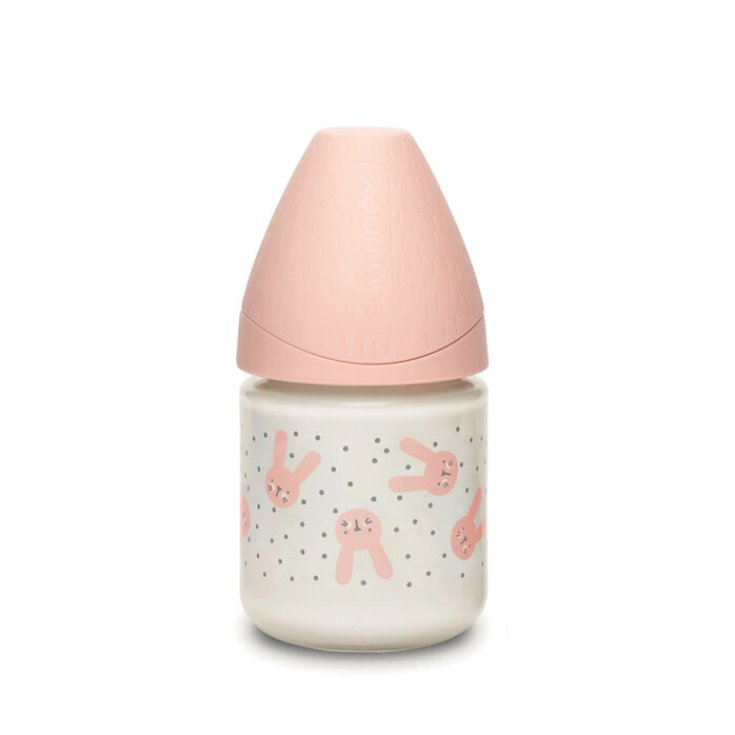 HYGGE Biberon en verre Tétine ronde débit lent 120ml (lapin rose à pois) Suavinex