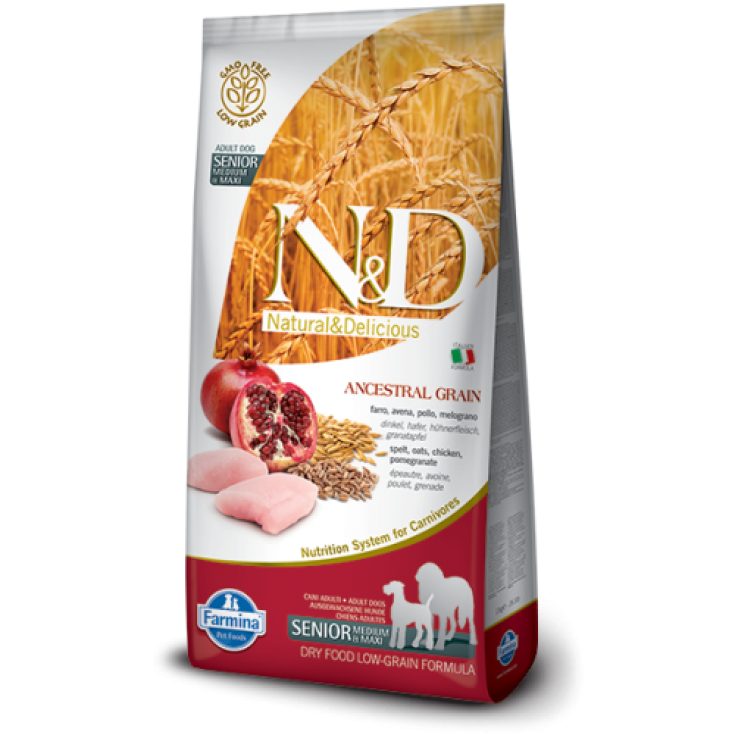 N&D Low Ancestral Grain Senior Medium / Maxi Poulet et Grenade Croquettes pour Chiens Âgés 12Kg