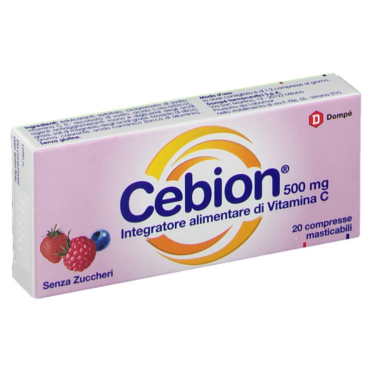 Dompé Cebion 500 mg Vitamine C Complément Alimentaire Sans Sucre Sans Gluten 20 Comprimés à Croquer Goût Baies Sauvages