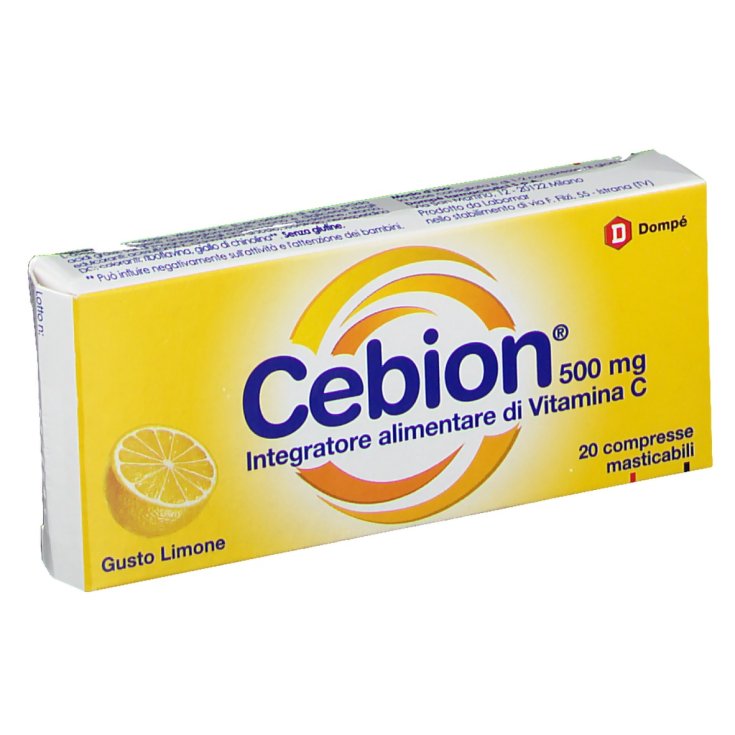 Dompé Cebion 500 mg Vitamine C Complément Alimentaire Sans Gluten 20 Comprimés à Croquer Goût Citron