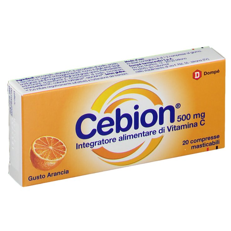 Dompé Cebion 500 mg Vitamine C Complément Alimentaire Sans Gluten 20 Comprimés à Croquer Goût Orange