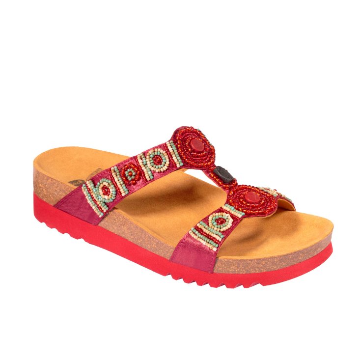 Scholl® New Bogotà Wedge Sandale Femme Tissu + Perles Bioprint® Semelle Intérieure Couleur Rouge Taille 36