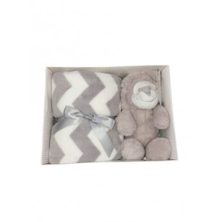 Ensemble 2pcs coffret cadeau couverture couverture berceau landau rayé avec peluche bébé fille nouveau-né T&R gris tourterelle TU
