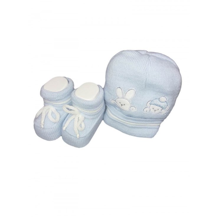 Ensemble 2pcs chapeau bonnet La Rocca laine chaussures bébé garçon brodé ciel TU