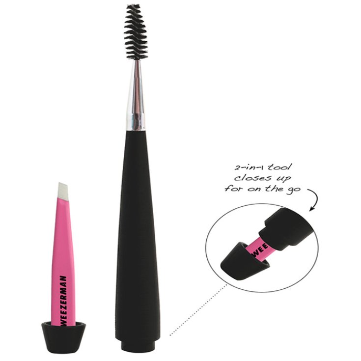 Peigne à sourcils Tweezerman avec mini pince à épiler rose oblique
